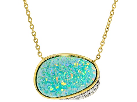 Green Lab Created Opal & White Zircon 18K Yellow Gold Over Silver Necklace 0.07ctw
