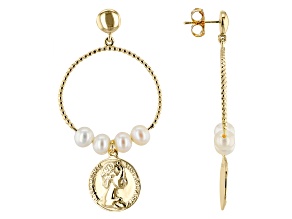 Coin Replica With Cultured Freshwater Pearl 18k Yellow Gold Over Sterling Silver Earrings