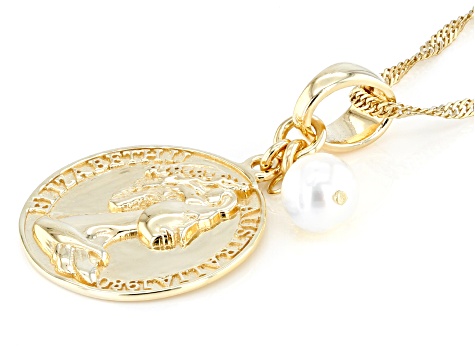 Coin Replica With Cultured Freshwater Pearl 18k Gold Over Sterling Silver Pendant With Chain