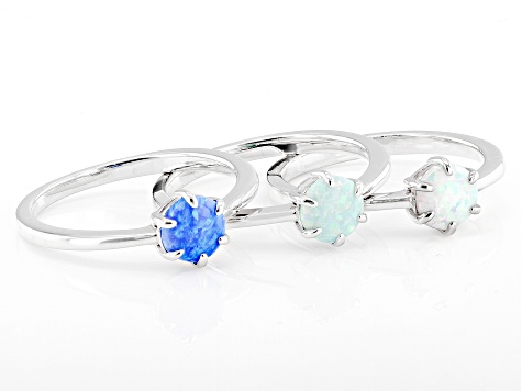 Multicolor Lab Created Opal Rhodium Over Sterling Silver Set of 3 Rings