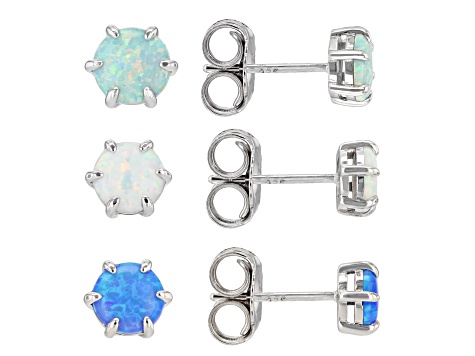 Multicolor Lab Created Opal Rhodium Over Sterling Silver Set of 3 Stud Earrings