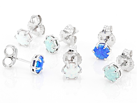 Multicolor Lab Created Opal Rhodium Over Sterling Silver Set of 3 Stud Earrings