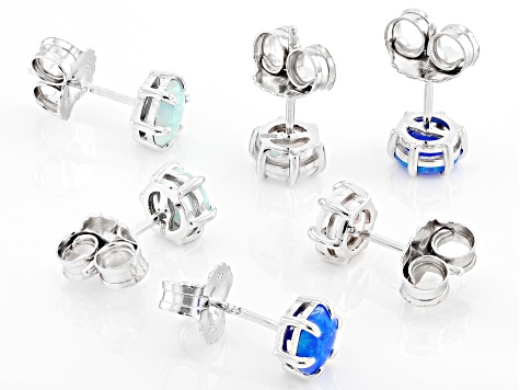 Multicolor Lab Created Opal Rhodium Over Sterling Silver Set of 3 Stud Earrings