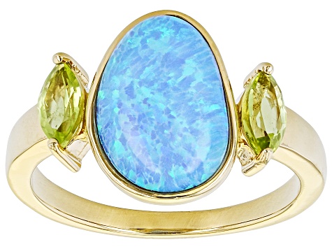 Blue Lab Created Opal and Peridot 18k Yellow Gold Over Sterling Silver Ring 0.52ctw