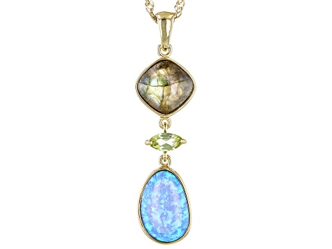 Blue Lab Opal & Gray Labradorite with Peridot 18k Yellow Gold Over ...