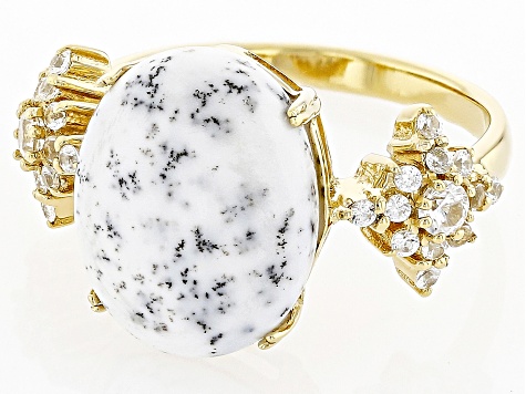 Dendritic Opal and White Zircon 18k Yellow Gold Over Silver Ring .48tcw