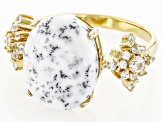 Dendritic Opal and White Zircon 18k Yellow Gold Over Silver Ring .48tcw