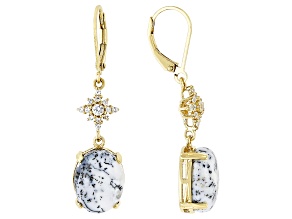 Dendritic Opal and White Zircon 18k Yellow Gold Over Silver Earrings 0.48ctw