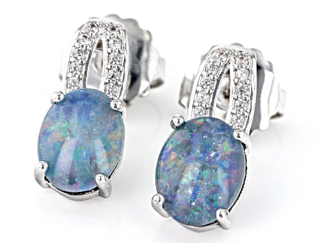 Opal Triplet & 0.12ctw White Zircon Rhodium Over Brass Earrings
