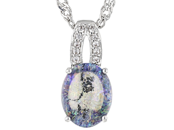 Opal Triplet & White Zircon Rhodium Over Brass Pendant With Chain