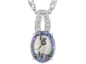 Opal Triplet & White Zircon Rhodium Over Brass Pendant With Chain