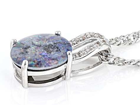 Opal Triplet & White Zircon Rhodium Over Brass Pendant With Chain