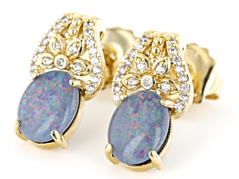 Australian Opal Triplet & White Zircon 18k Yellow Gold Over Brass Stud Earrings 0.2