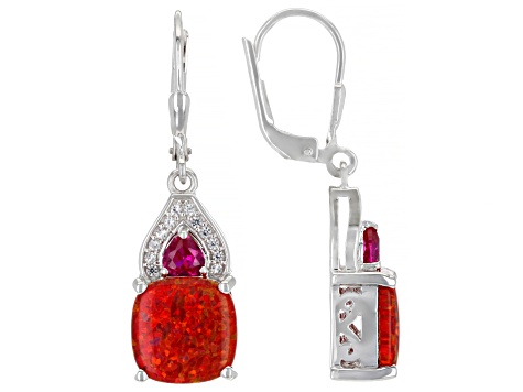 Red Lab Created Opal Rhodium Over Silver Earrings 0.64ctw