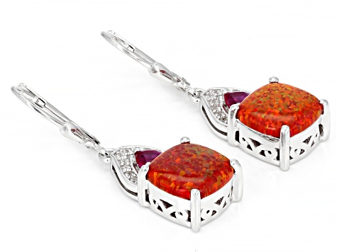 Red Lab Created Opal Rhodium Over Silver Earrings 0.64ctw