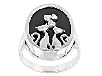 Picture of Black Onyx Rhodium Over Sterling Silver Cat Ring 18x14mm.