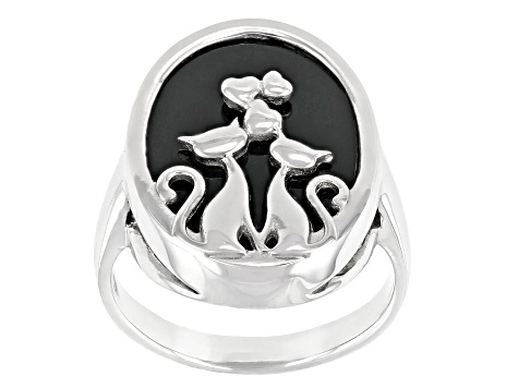 Black Onyx Rhodium Over Sterling Silver Cat Ring 18x14mm.