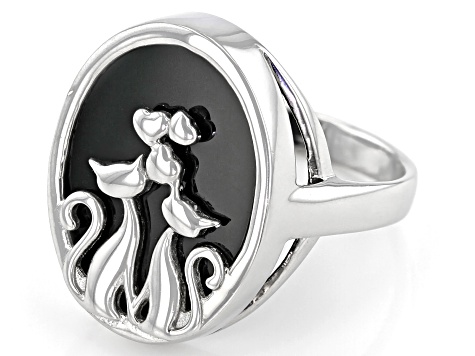 Black Onyx Rhodium Over Sterling Silver Cat Ring 18x14mm.