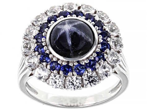 Blue Star Sapphire Rhodium Over Sterling Silver Ring 4.34ctw