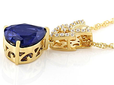 Blue Lab Created Sapphire 18k Yellow Gold Over Sterling Silver Pendant With Chain 4.35ctw