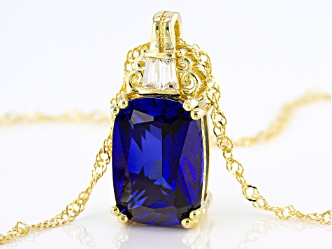 Blue Lab Created Sapphire 18K Yellow Gold Over Silver Pendant With Chain 7.40ctw