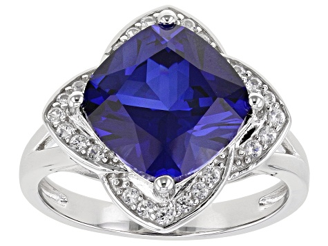 Blue Lab Created Sapphire Rhodium Over Silver Ring 4.62ctw