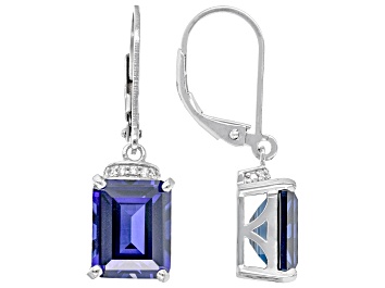 Picture of Lab Created Blue Sapphire With White Zircon Rhodium Over Sterling Silver Earrings 6.50ctw