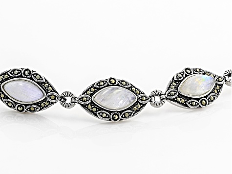 Rainbow Moonstone With Round Marcasite Rhodium Over Sterling Silver Bracelet 12x6mm