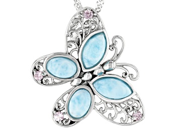 Picture of Blue Larimar Sterling Silver Butterfly Brooch Pendant With Chain 0.15ctw