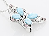 Blue Larimar Sterling Silver Butterfly Brooch Pendant With Chain 0.15ctw