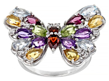 Picture of Multi-Color Multi Stone Butterfly Rhodium Over Sterling Silver Ring 3.38ctw