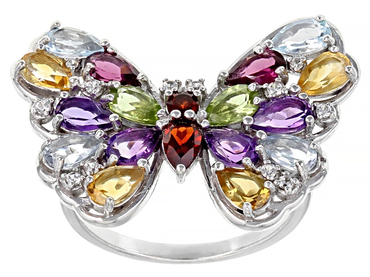 Multi-Color Multi Stone Butterfly Rhodium Over Sterling Silver Ring 3.38ctw