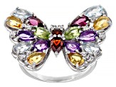 Multi-Color Multi Stone Butterfly Rhodium Over Sterling Silver Ring 3.38ctw