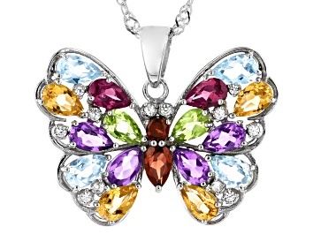 Picture of Multi-Color Multi Stone Rhodium Over Sterling Silver Butterfly Pendant With Chain 3.39ctw