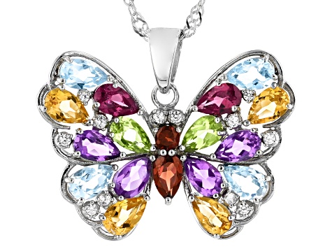 Multi-Color Multi Stone Rhodium Over Sterling Silver Butterfly Pendant With Chain 3.39ctw