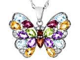 Multi-Color Multi Stone Rhodium Over Sterling Silver Butterfly Pendant With Chain 3.39ctw