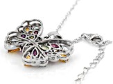 Multi-Color Multi Stone Rhodium Over Sterling Silver Butterfly Pendant With Chain 3.39ctw
