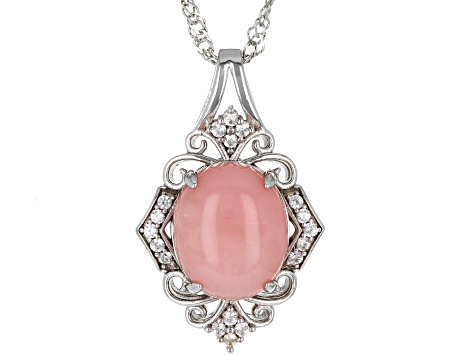 Pink Opal Rhodium Over Sterling Silver Pendant With Chain 0.15ctw ...