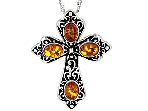 Orange Amber Rhodium Over Sterling Silver Cross Pendant With Chain 4x5mm