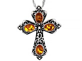 Orange Amber Rhodium Over Sterling Silver Cross Pendant With Chain 4x5mm