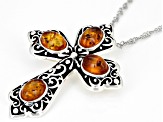 Orange Amber Rhodium Over Sterling Silver Cross Pendant With Chain 4x5mm