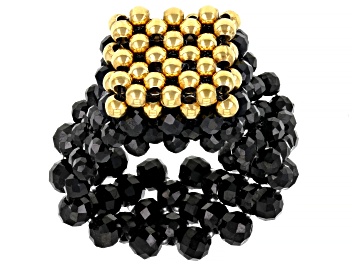 Picture of Black Spinel 18K Yellow Gold Over Sterling Silver Strechable Beaded Ring 2.2-2.5mm