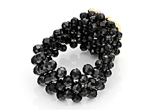 Black Spinel 18K Yellow Gold Over Sterling Silver Strechable Beaded Ring 2.2-2.5mm