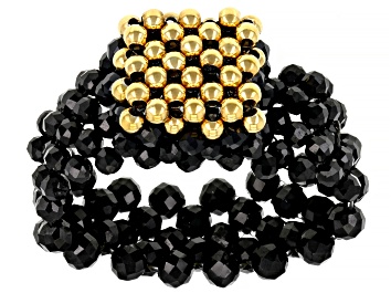 Picture of Black Spinel 18K Yellow Gold Over Sterling Silver Strechable Beaded Ring 2.2-2.5mm