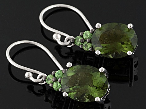 Green Moldavite And Tsavorite Garnet Rhodium Over Sterling Silver Dangle Earrings 2.47ctw