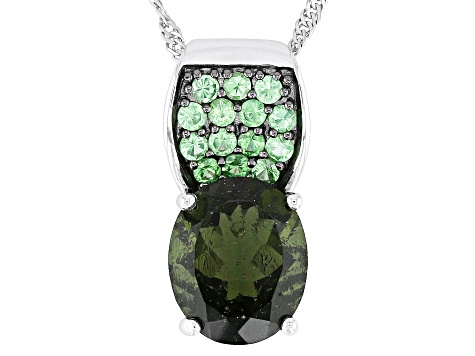 Green Moldavite Rhodium Over Sterling Silver Pendant With Chain 3.40ctw