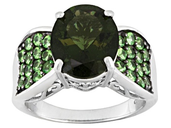 Picture of Green Moldavite Rhodium Over Sterling Silver Ring 3.80ctw