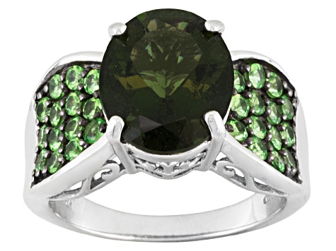 Green Moldavite Rhodium Over Sterling Silver Ring 3.80ctw