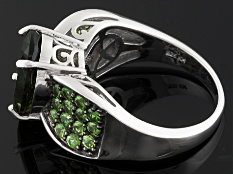 Green Moldavite Rhodium Over Sterling Silver Ring 3.80ctw