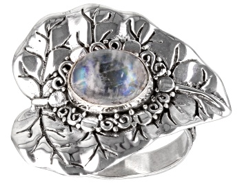 Picture of 8x10mm Rainbow Moonstone Sterling Silver Leaf Ring